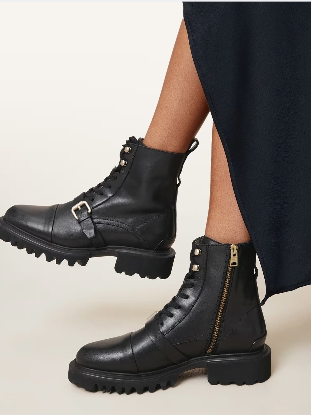 AllSaints Black TORI LEATHER BOOTS Lug-Sole Combat Gold Zip Size 35 US 5